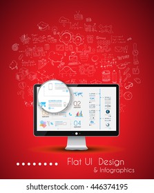 Business Solution and Idea Conceptual background with a desktop pc and hand drawn doodle sketched with a lot of different themes.