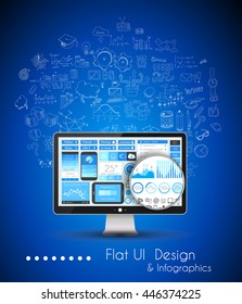 Business Solution and Idea Conceptual background with a desktop pc and hand drawn doodle sketched with a lot of different themes.