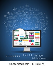 Business Solution and Idea Conceptual background with a desktop pc and hand drawn doodle sketched with a lot of different themes.