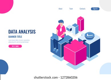 Business solution isometric, formulation and execution of task by steps and parts, planning and effective work concept, man with laptop sit on puzzle, flat vector illustration