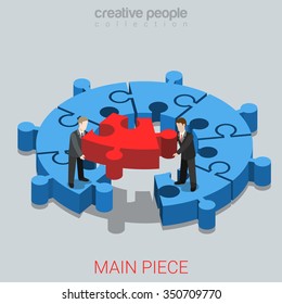 Business Solution Main Peice Flat 3d Isometry Isometric Concept Web Vector Illustration. Micro Businessmen Place Last Puzzle Part To Form Whole Circle. Creative People Collection.