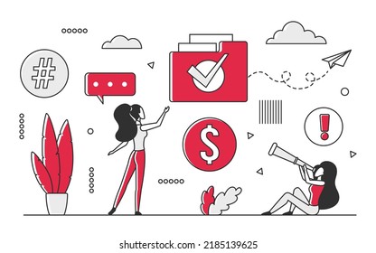 Administración de soluciones empresariales. Incremento del rendimiento de la actividad de la empresa en la ilustración del vector monocolor
