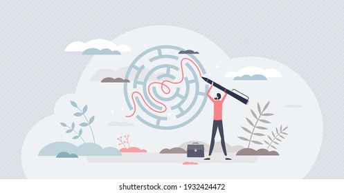 Business solution as messy maze solving skill or strategy tiny person concept. Leader searching for labyrinth exit plan and drawing navigation path line from question to answer vector illustration.