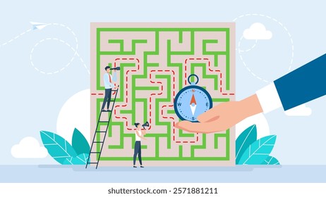 Business solution as messy maze solving skill or strategy. Leader searching for labyrinth exit plan. Man in labyrinth, on maze board. Standing in middle holding compass. Vector illustration.