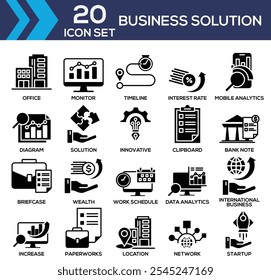 Business Solution, Mobile Analytics, Diagramm, Lösung, Innovativ, Zwischenablage und mehr. Symbolsatz-Kollektion