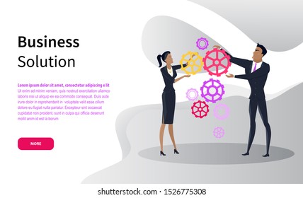 Business solution, office workers and cogwheels online web page vector. Businesswoman and businessman fixing mechanism, work strategies and planning