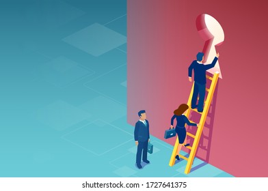 Business solution, opportunity, strategy and success concept. Vector of businessmen and businesswoman climbing up a ladder to escape through a door keyhole.