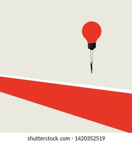 Solución empresarial, supere el concepto de vector de desafío. Estilo de arte minimalista. Empresario volando globo de bombilla sobre la pared. Símbolo de éxito, pensamiento creativo, logro. Ilustración Eps10.