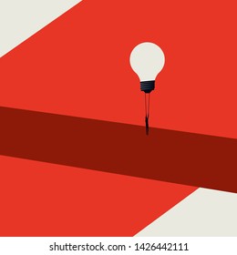 Business solution, overcome challenge vector concept. Minimalist art style. Businessman flying lightbulb balloon over hole, gap. Symbol of success, creative thinking, achievement. Eps10 illustration.