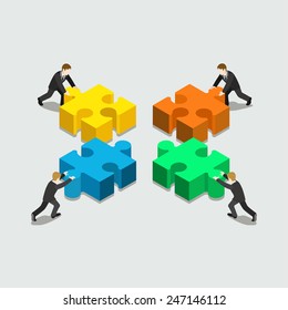Business solution in partnership concept flat 3d web isometric infographic vector. Four businessmen pushing pieces of puzzle. Creative people collection.