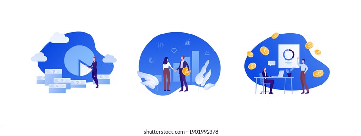 Business solution, partnership and success concept. Vector flat people illustration set. Businessman and businesswoman handshake. Male employee make presentation. Businesswoman work on laptop. - Powered by Shutterstock - Get 15% off with code: PIKWIZARD15
