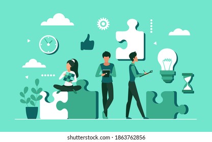 Solución empresarial, personas que resuelven problemas de ilustración vectorial. Grupo de dibujos animados de personajes ocupados del trabajo de oficina de negocios trabajando, parados con piezas de rompecabezas y fondo de concepto de bombilla