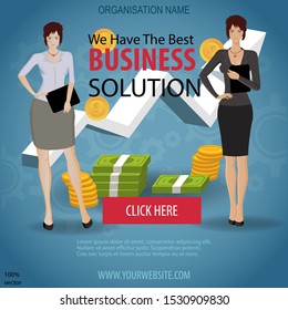 Business solution Poster or Banner Design. Advertisement Concept on gradient blue background with infographic elements, business women and money. Web design, banner template, infographic. Vector EPS10