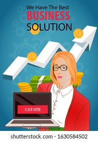 Business solution Poster or Banner Design. Advertisement Concept on gradient blue background with infographic elements, business woman and money. Web design, banner template, infographic. Vector EPS10