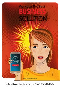 Business solution Poster or Banner Design. Pop art Concept on gradient red background with infographic elements,woman, phone. Web design, banner template, infographic. Vector EPS10