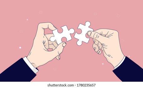Business solution and problem solving - Man piecing together jigsaw, a metaphor for completing, finishing and solve problem. Vector illustration.
