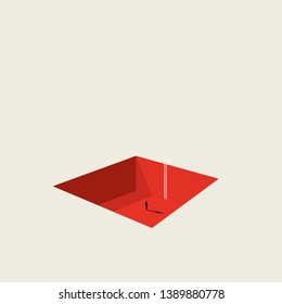 Business solution searching vector concept with businessman in a hole with ladder. Minimalist art style. Symbol of challenge, opportunity, success, growth. Eps10 illustration.