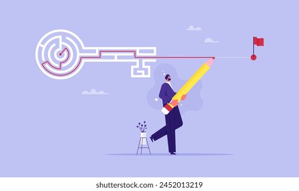 Business solution searching vector concept, overcome difficult challenge and find success, Find way out, businessman draw the line showing solution to solve labyrinth maze problem