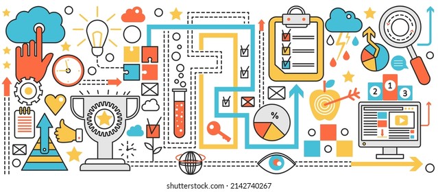 Business solution and strategic goal. Efficient development, achievement and progress in career, improvement of target search and growth process in infographic concept banner, thin line art design