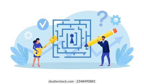 Business solution, strategy. Businessman searching for labyrinth exit plan and drawing path from question to answer. Difficult decision. People trying to solve puzzles with key. Problem solving skill