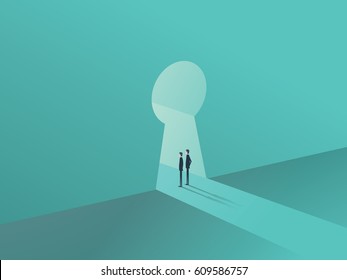 Business solution or success concept with two businessmen standing in keyhole shape door. Eps10 vector illustration.