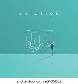 Business Solution And Success Concept Vector Symbol With Businessman Drawing Line Through Maze Or Labyrinth. Eps10 Vector Illustration.