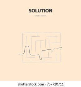 Business solution and success concept vector symbol with businessman drawing line through maze. Vector illustration.