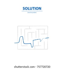Business solution and success concept vector symbol with businessman drawing line through maze. Vector illustration.