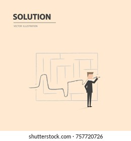 Business solution and success concept vector symbol with businessman drawing line through maze. Vector illustration.