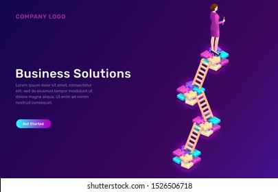 Business solution and successful strategy of development, isometric business concept vector. Color puzzle levels with wooden stairs and female character on ultraviolet background