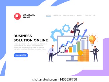 Business solution successful business teamwork web page banner concept. Vector flat cartoon design graphic illustration