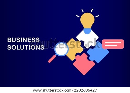 Business solution and support, problem solving and decision making, innovative ideas concept. Connecting puzzle elements, team metaphor, business approach, brainstorming. Flat web vector illustration.