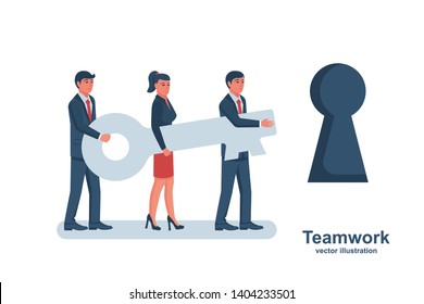 Business solution. Teamwork achievement. Cooperation concept. Group of men and women carries key to the keyhole. Vector illustration flat design. Effective work. Direction to success. Cartoon style