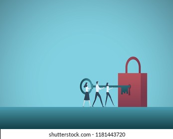 Business solution teamwork vector concept. Business team colleagues unlock padlock with key. Symbol of cooperation, problem solution, new opportunities. Eps10 vector illustration.