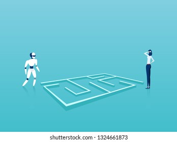 Business solution technology implementation concept. Vector of businesswoman and robot standing next to labyrinth looking for creative solutions and strategy. 