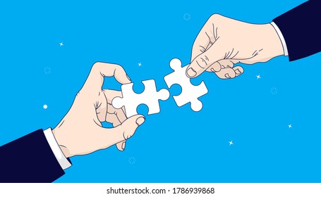 Business solution - Two hands of businessmen holding pieces of puzzle. Collaboration, connection and problem solving concept. Vector illustration.