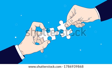 Business solution - Two hands of businessmen holding pieces of puzzle. Collaboration, connection and problem solving concept. Vector illustration.