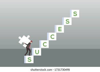 Business solution vector concept: Businessman lifting a jigsaw puzzle piece on his back while climbing the white stairs of Success