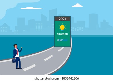Business solution vector concept: Businessman in face mask walking toward a door with solution text, number 2021 and light bulb symbol