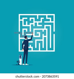 Business solution vector concept with businessman finding way through maze. Symbol of genius, planning, strategy