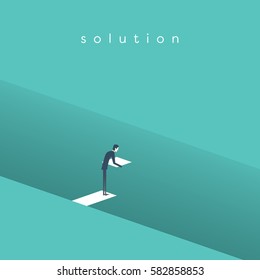 Business solution vector concept with businessman building bridge over deep hole. Symbol of business innovation, overcome challenges and opportunity. Eps10 vector illustration.