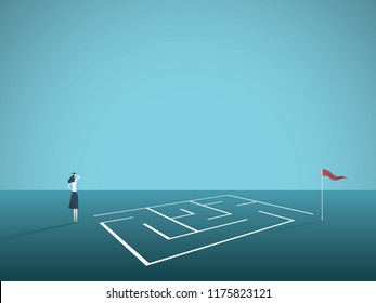 Business solution vector concept with businesswoman standing in front of maze, labyrinth. Symbol of challenge, strategy, decisions, problem solving. Eps10 vector illustration.