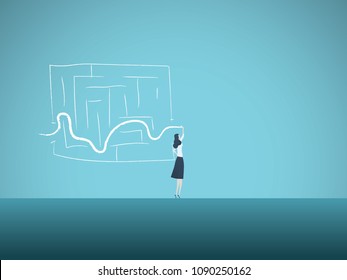 Business Solution Vector Concept With Business Woman Finding Way Through Maze. Symbol Of Genius, Intelligent Woman, Challenge, Opportunity, Planning, Strategy. Eps10 Vector Illustration.