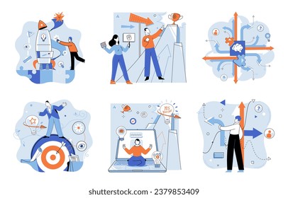 Business solution vector illustration. Ambitious individuals in business strive to overcome challenges and achieve remarkable achievements Effective leadership inspires teams to tackle difficulties