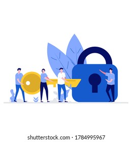 Business solution vector illustration concept with characters. Business team working together to holding a big key and unlocking the lock. Modern flat style for web banner, infographics, hero images.