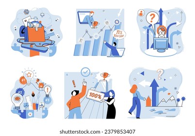 Business solution vector illustration. The business solution concept highlights importance finding effective answers and solutions Ambitious individuals in business strive to overcome challenges