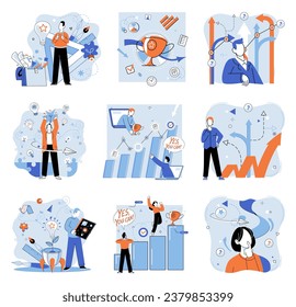 Business solution vector illustration. Effective leadership inspires teams to tackle difficulties and find successful business solutions Motivation fuels creativity, enabling professionals to overcome