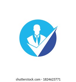 Diseño de logotipo vectorial de solución comercial. Empresario con marca de verificación o símbolo de marca. 