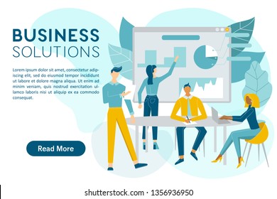 Business solutions concept web banner with the place for your text. Business meeting, training staff, corporate meeting, business seminar, employee training, co-working. Man talking before  colleagues