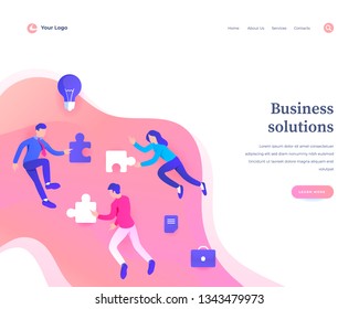 Business solutions concept, workflow flying people and interaction with puzzle pieces icons. Landing page template. Vector illustration.